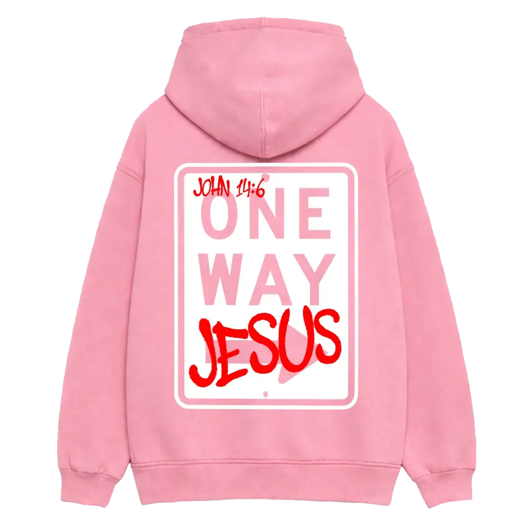 Pink hoodie with One Way Jesus artwork on the back